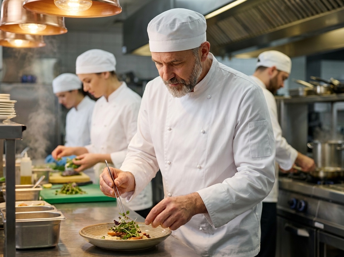Chef in a chef jacket and apron in a restaurant kitchen