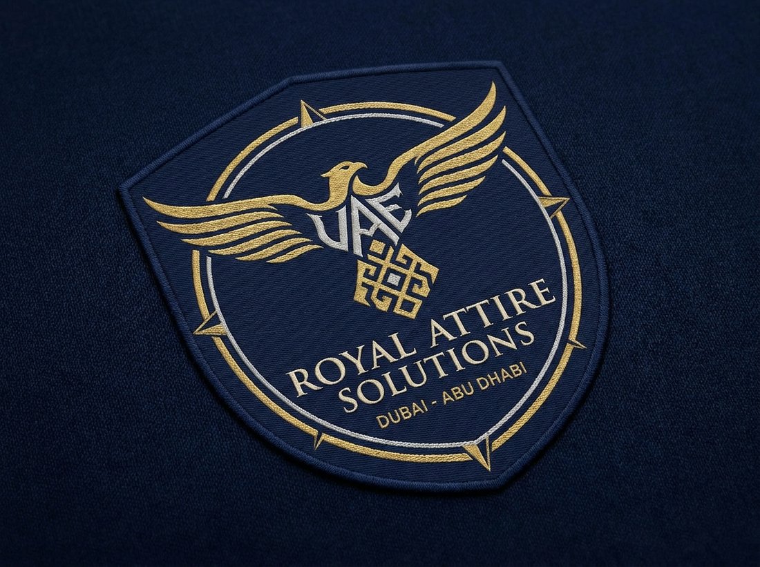 Close-up of an embroidered company logo on workwear