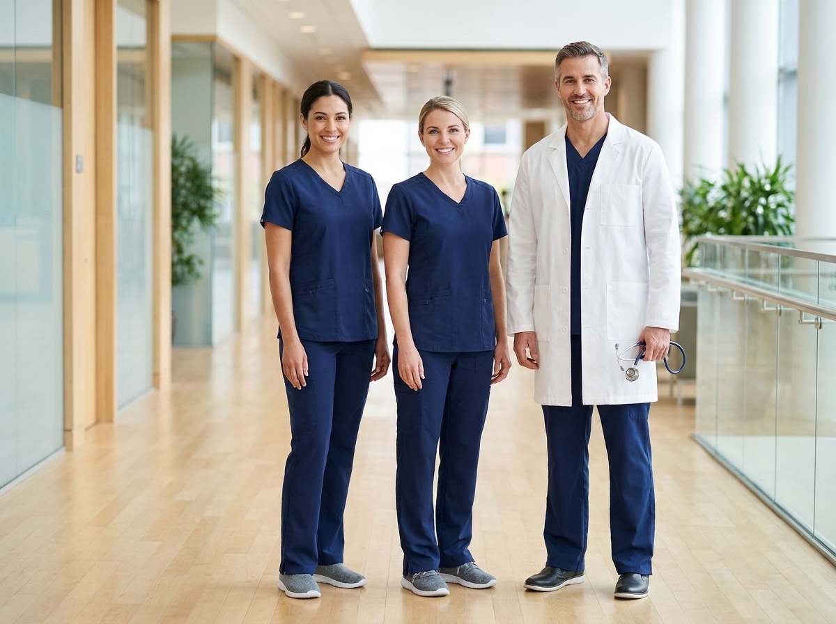 Medical scrub top and trousers for clinic staff