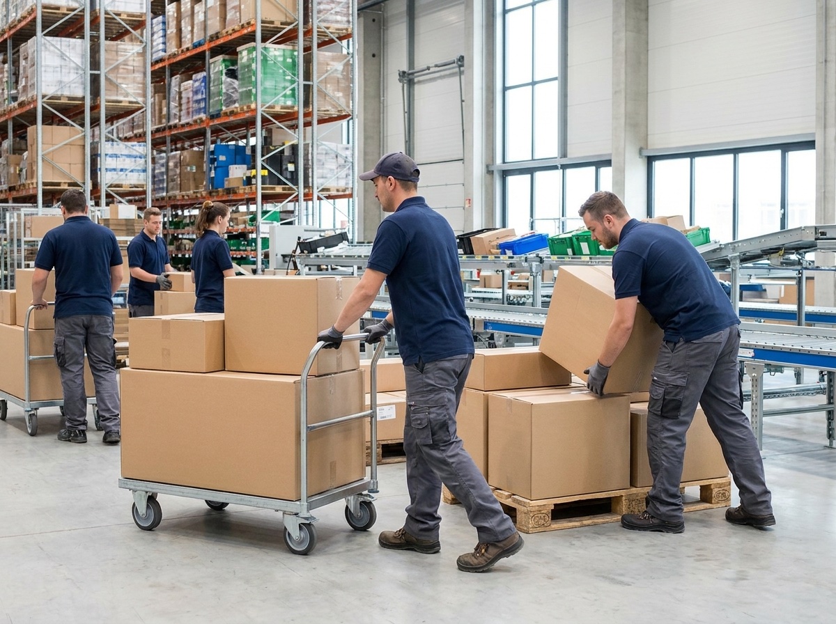 Warehouse staff in navy polo shirts and grey work trousers